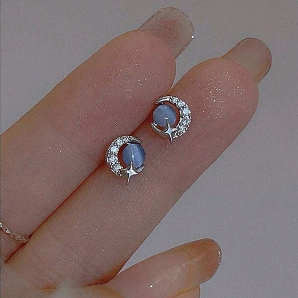 Blue Apatite Cat’s Eye Moon & Star Earrings, Star and Moon Earrings